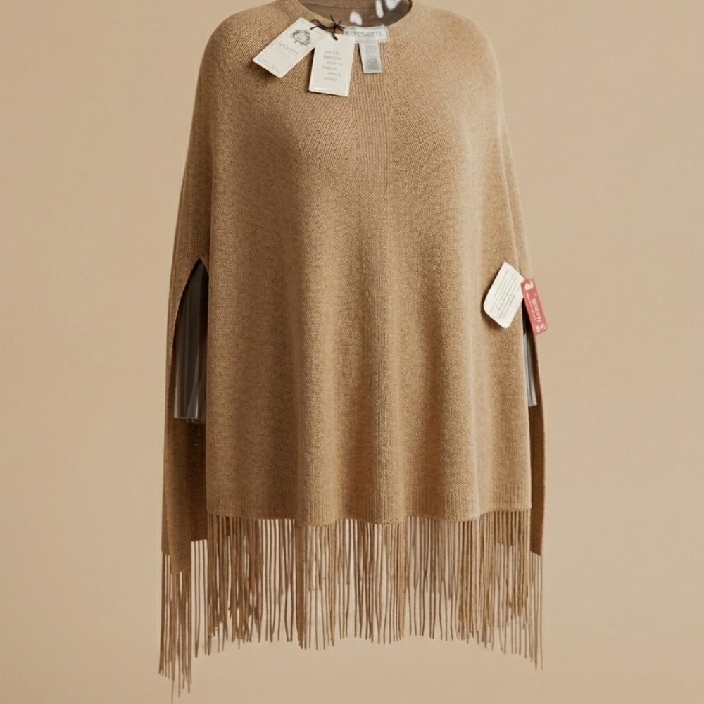 NWT Pinotti Italy Wool & Cashmere Poncho - Classic Camel Tan